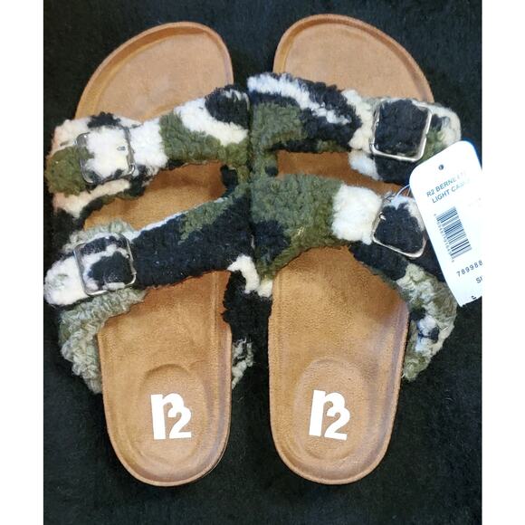 R2 Shoes - R2 Bernette Multi Color Fuzzy Slip On Sherpa Strap Faux Suede Camo Sandals 10